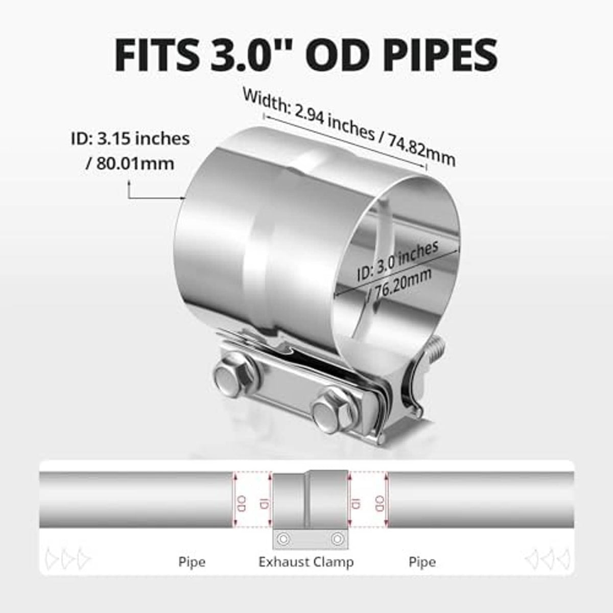 Stainless steel exhaust clamp for 3.0 in OD pipes, sizing diagram view