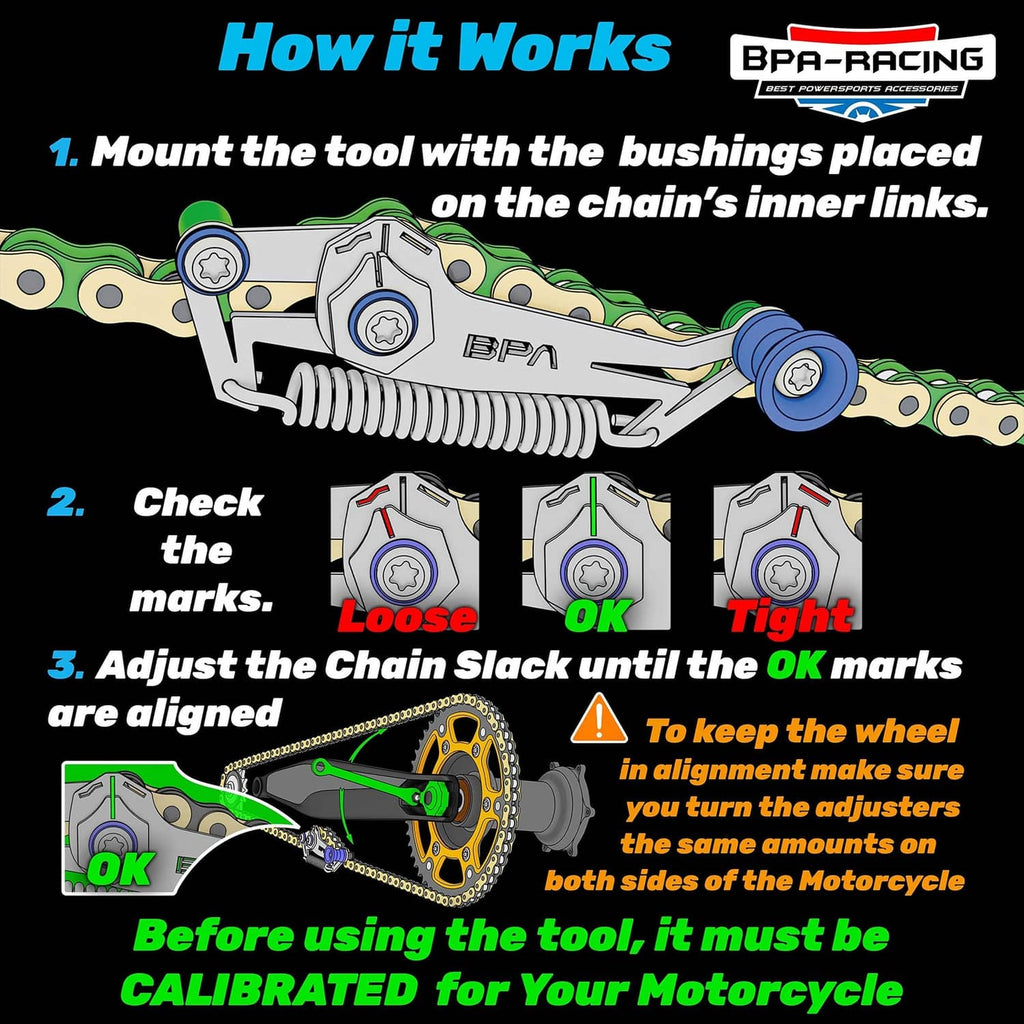 Motorcycle chain slack adjuster tool usage diagram showing mounting and alignment marks