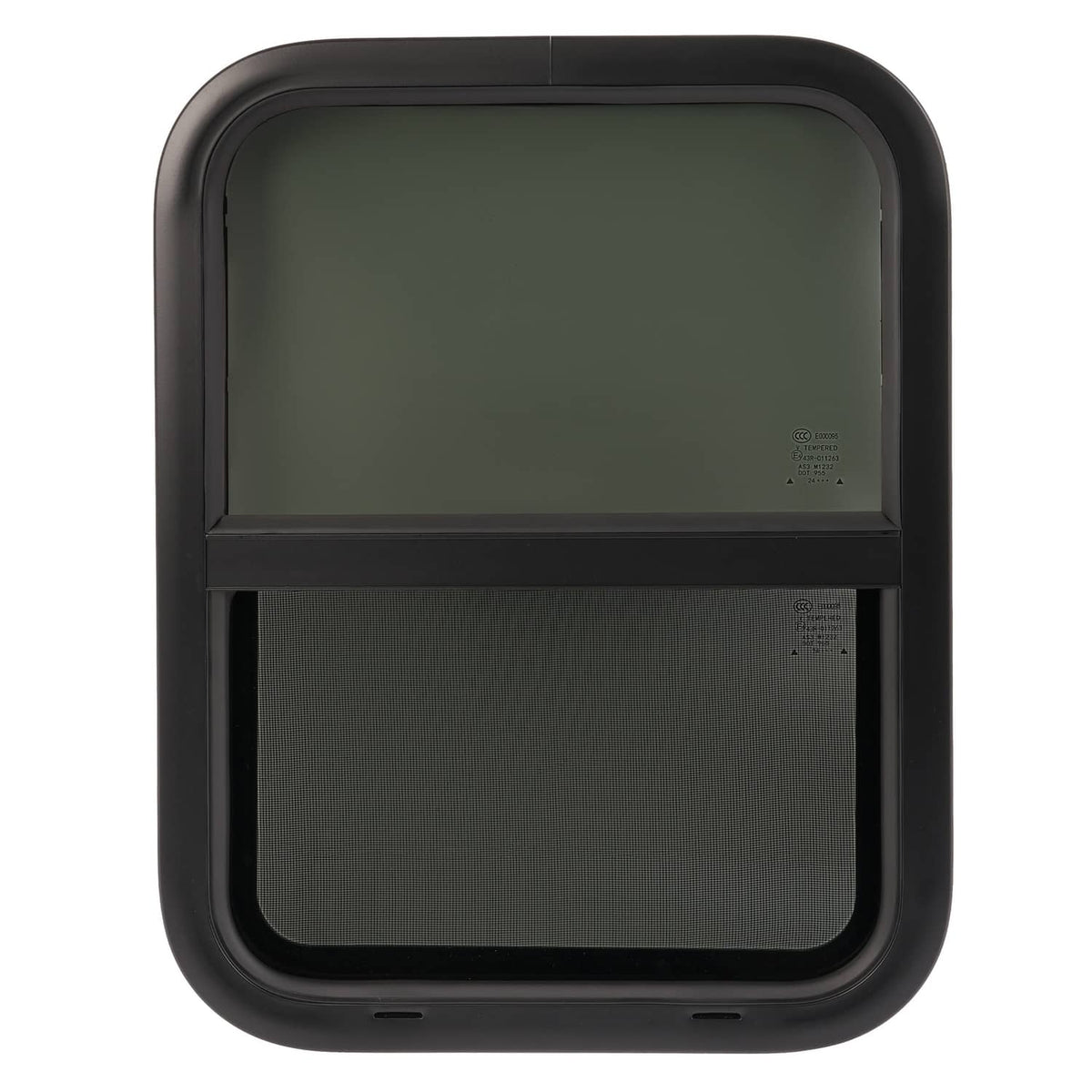 RV vertical slider window with dark tinted glass upper panel and screen lower panel.