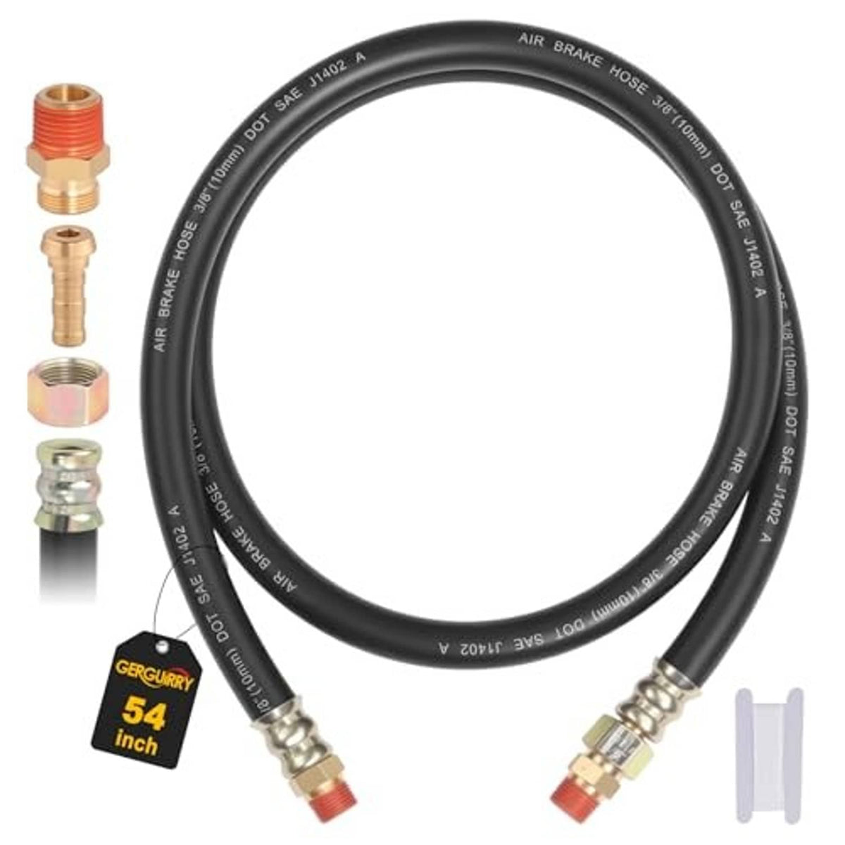 Black air brake hose with brass end fittings, coiled loop and 3/8 in connectors