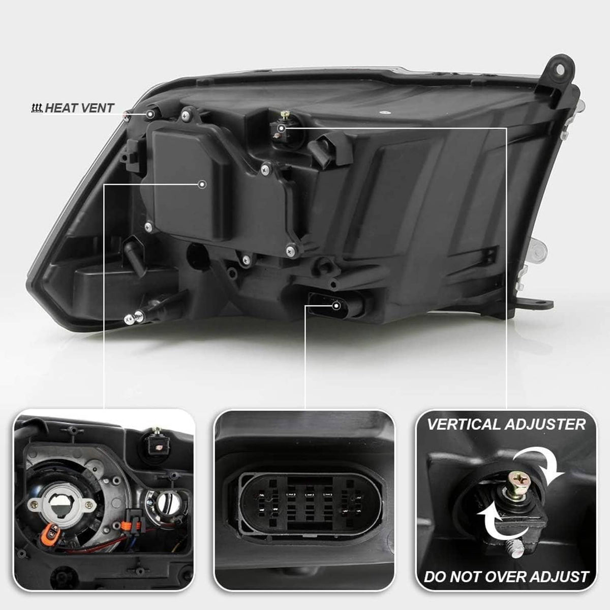 Projector headlight housing with LED DRL, black interior components and wiring connectors