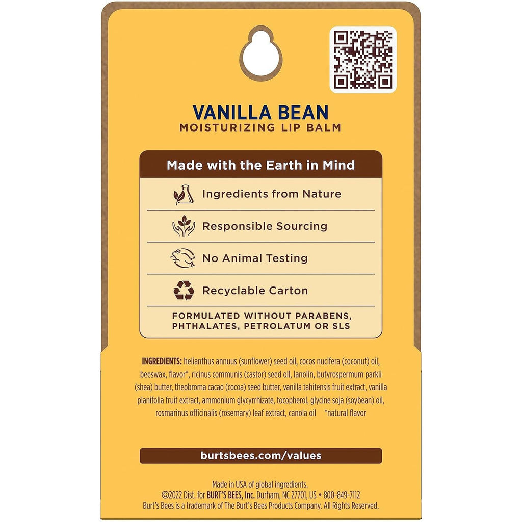 Burt's Bees vanilla bean moisturizing lip balm carton back with ingredients and claims