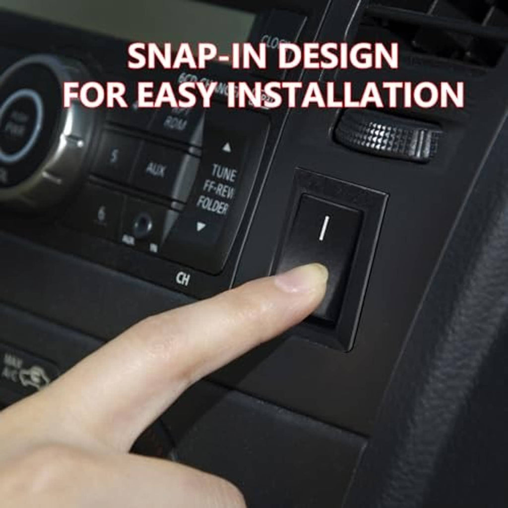 Hand pressing a black on/off rocker switch in a dashboard panel, snap-in button