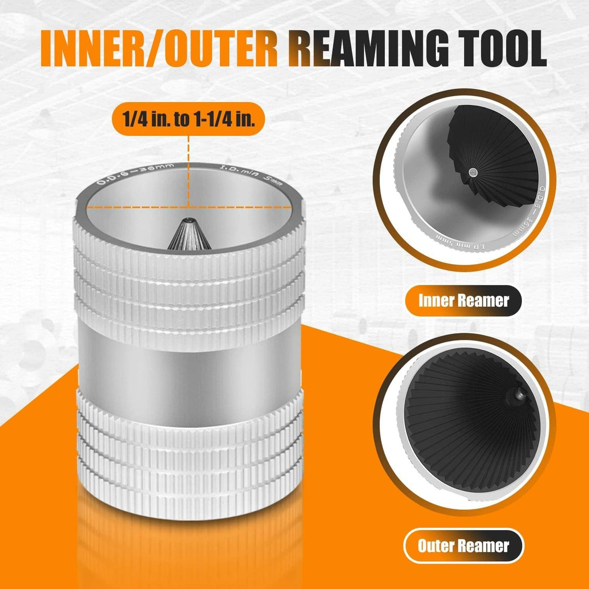 Metal inner/outer pipe reaming tool cylinder with fluted cutting edges.