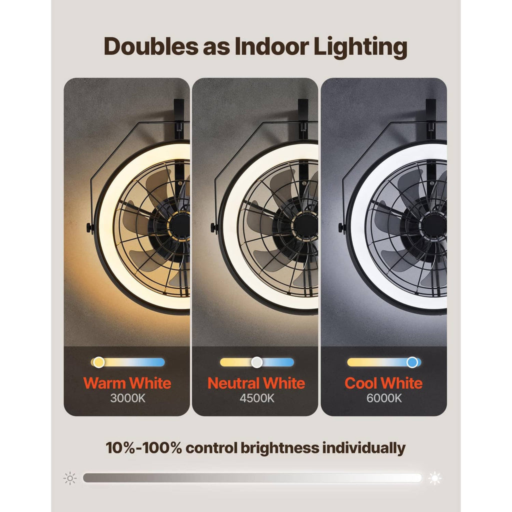 Wall-mount fan with light showing warm, neutral, and cool white glow options