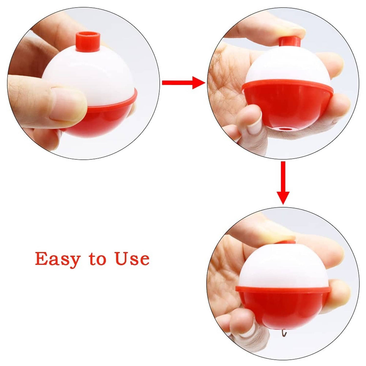 White-and-red fishing bobber held in hand with red base and top cap