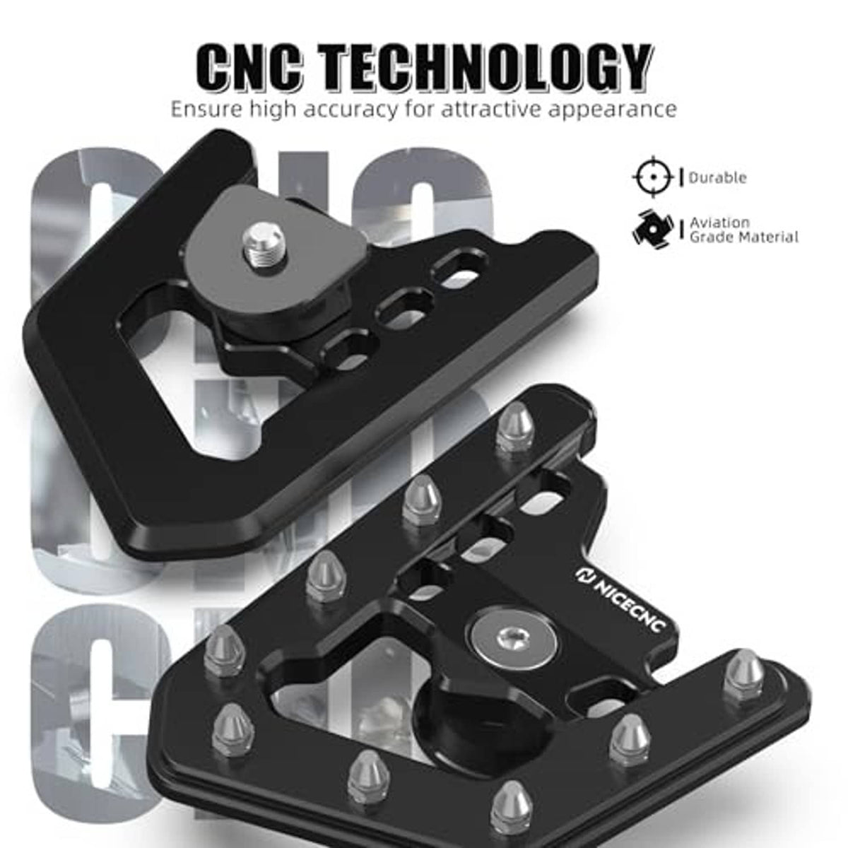 Pair of black CNC-machined brake pedal extenders with visible bolt holes.