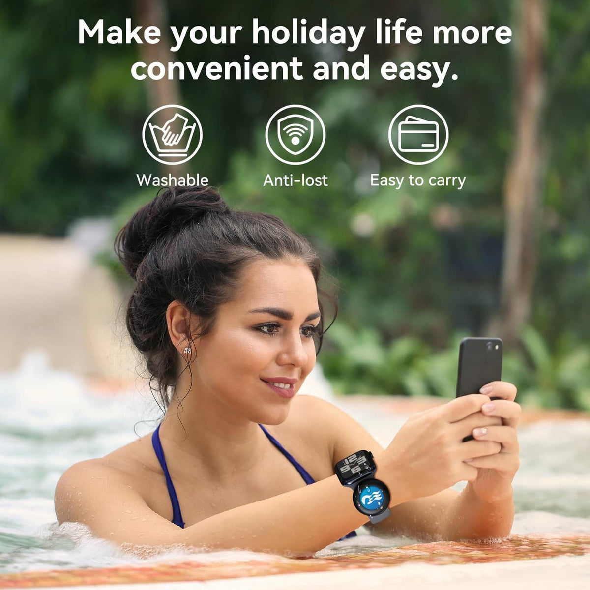 Silicone watch adapter with blue wave logo worn in water, gray case on wrist