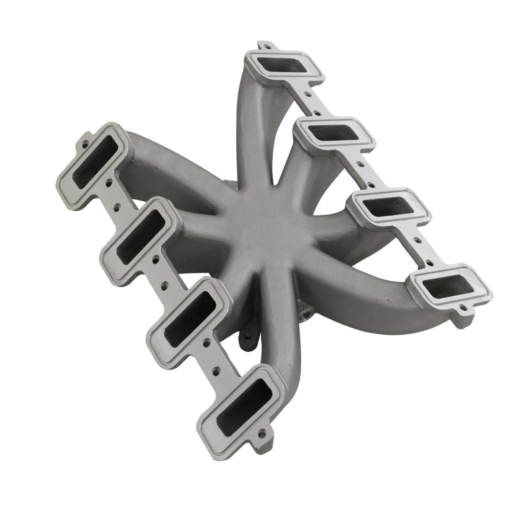 Single-plane intake manifold, gray cast metal with multiple runner ports and mounting tabs