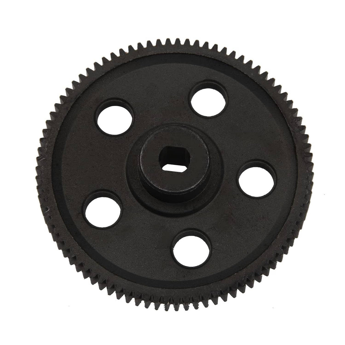 Black 87T spur gear with five holes and central hex drive recess