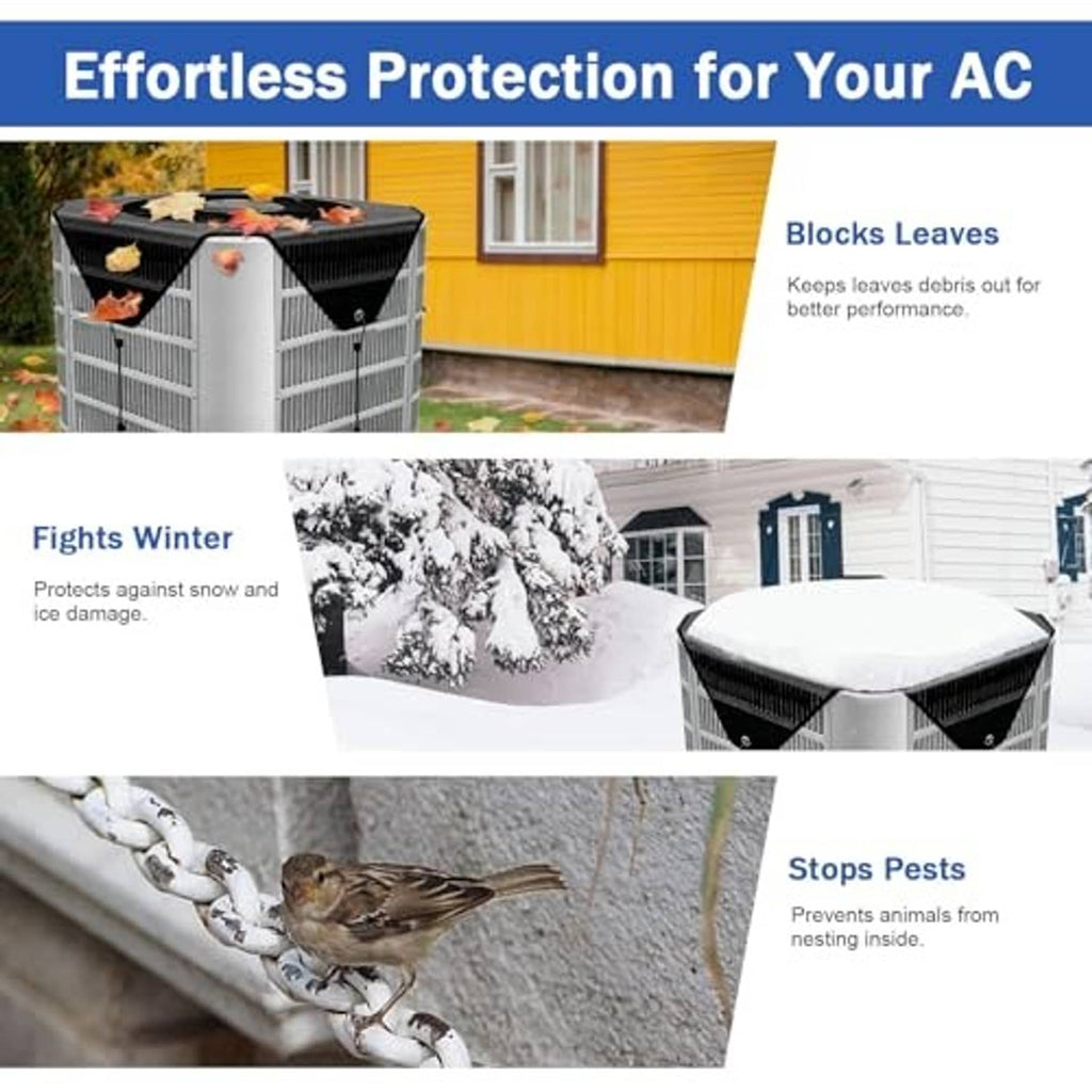 Outdoor AC cover on unit with gray breathable material and black corner flap panels