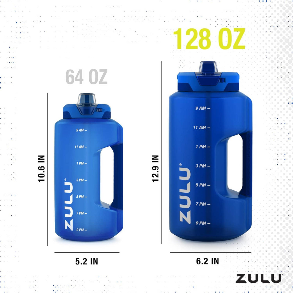 Royal blue plastic water bottle with side handle opening and flip-top lid
