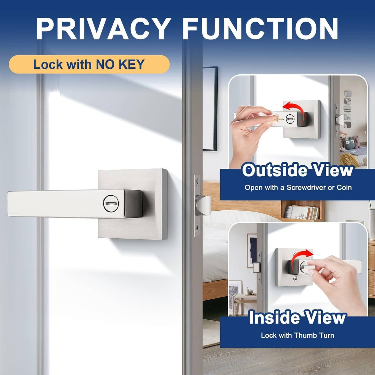 Brushed nickel square door handle lever with privacy lock and thumb-turn mechanism.