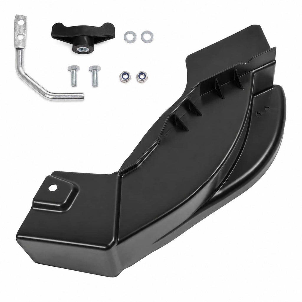 Black mulching plug kit with mounting bracket, hardware, and L-shaped wrench pieces