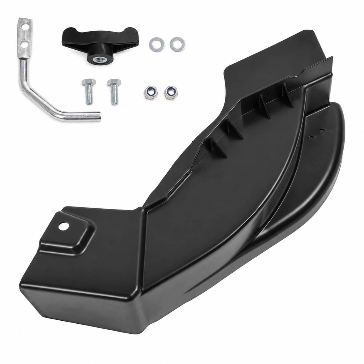 Black mulching plug kit with mounting bracket, hardware, and L-shaped wrench pieces