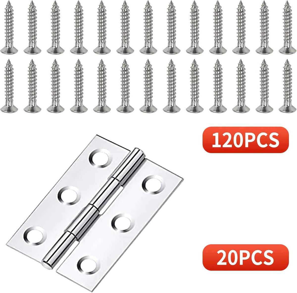 Stainless steel hinges and screws, 120-piece set photo with 20 pcs highlighted
