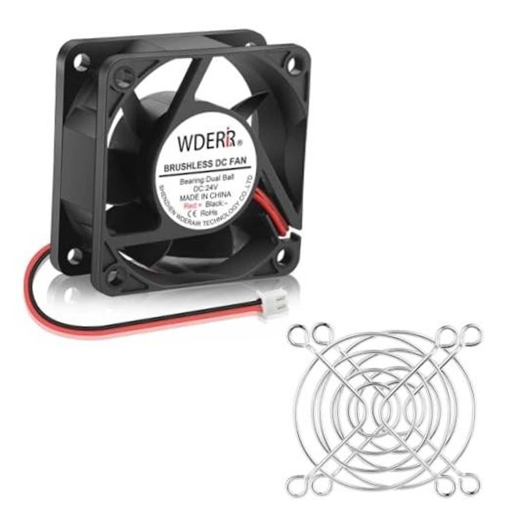 24V DC brushless cooling fan with 2-pin connector, black square frame, red/black leads