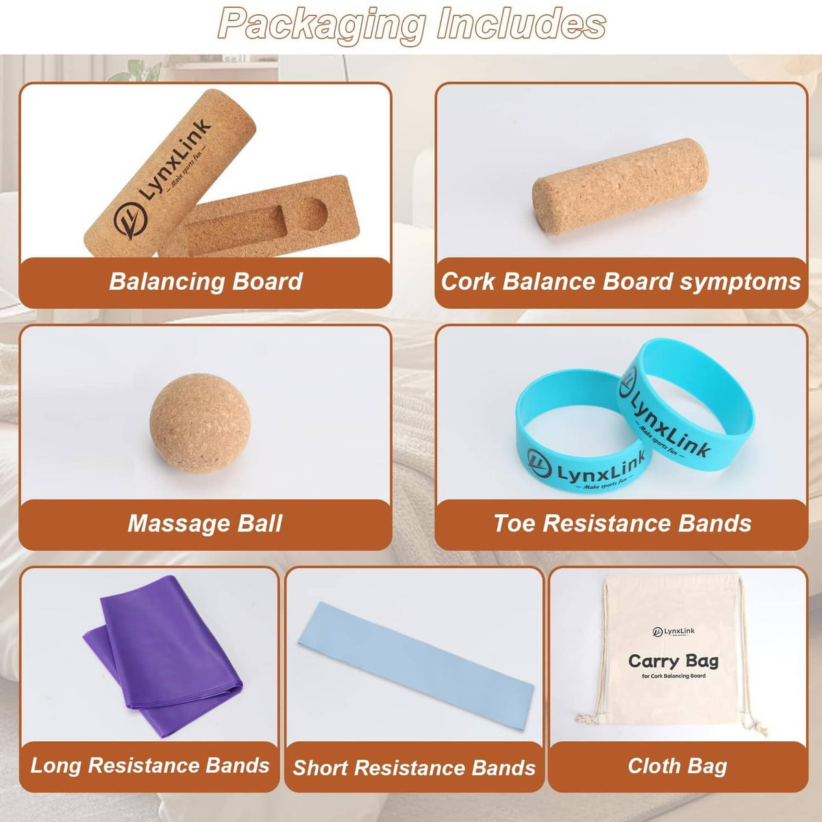Kit packaging showing cork balancing board, massage ball, resistance bands, and carry bag