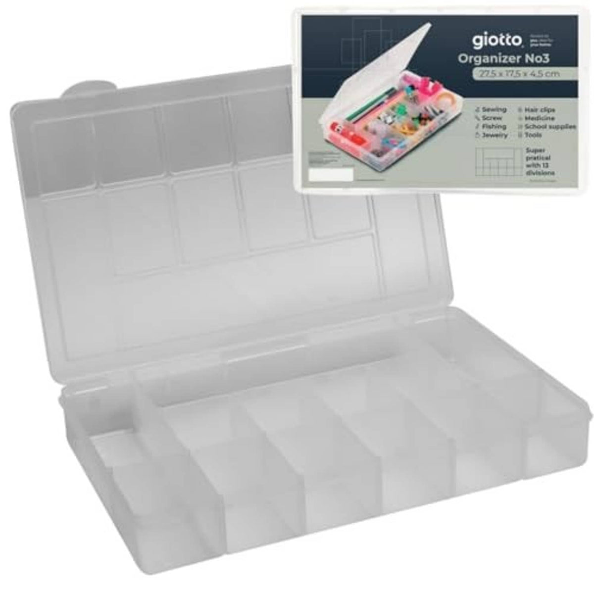 Empty clear plastic tackle box organizer with hinged lid and 13 divided compartments