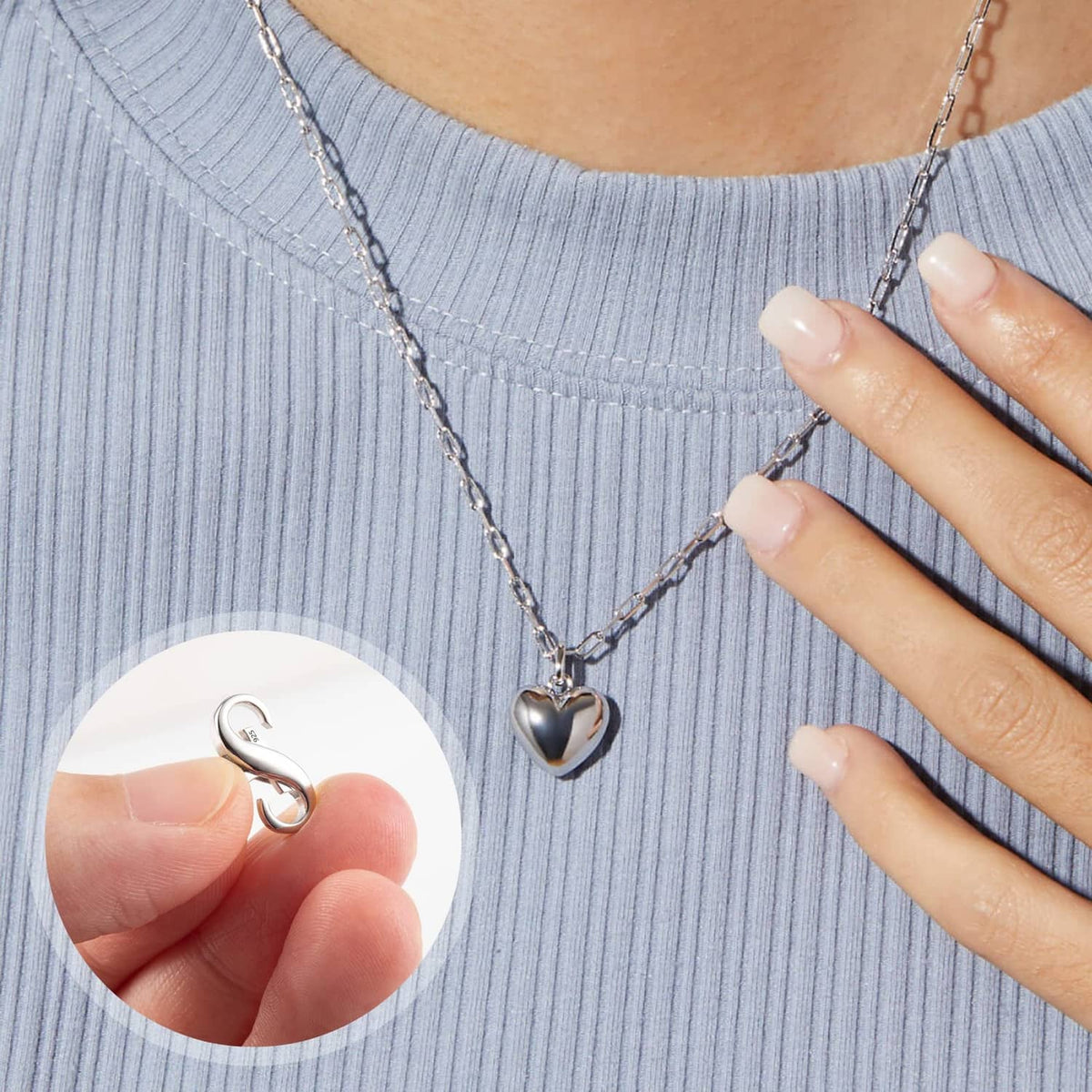 Sterling silver lobster clasp extender on necklace chain with small heart charm