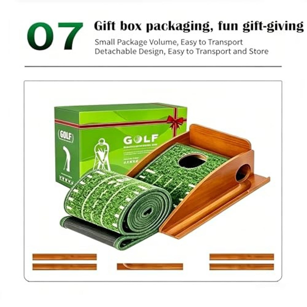 Golf putting mat gift set with green turf roll and wooden track with single hole
