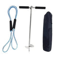 316 stainless steel sand anchor with spiral auger, blue rope, black grips, and carry bag