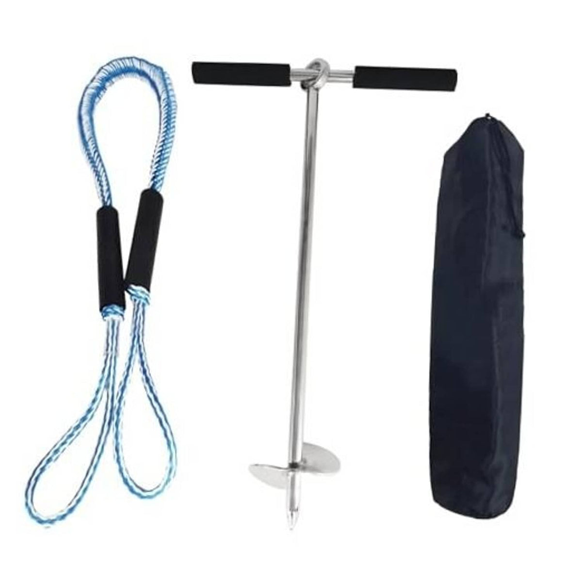 316 stainless steel sand anchor with spiral auger, blue rope, black grips, and carry bag