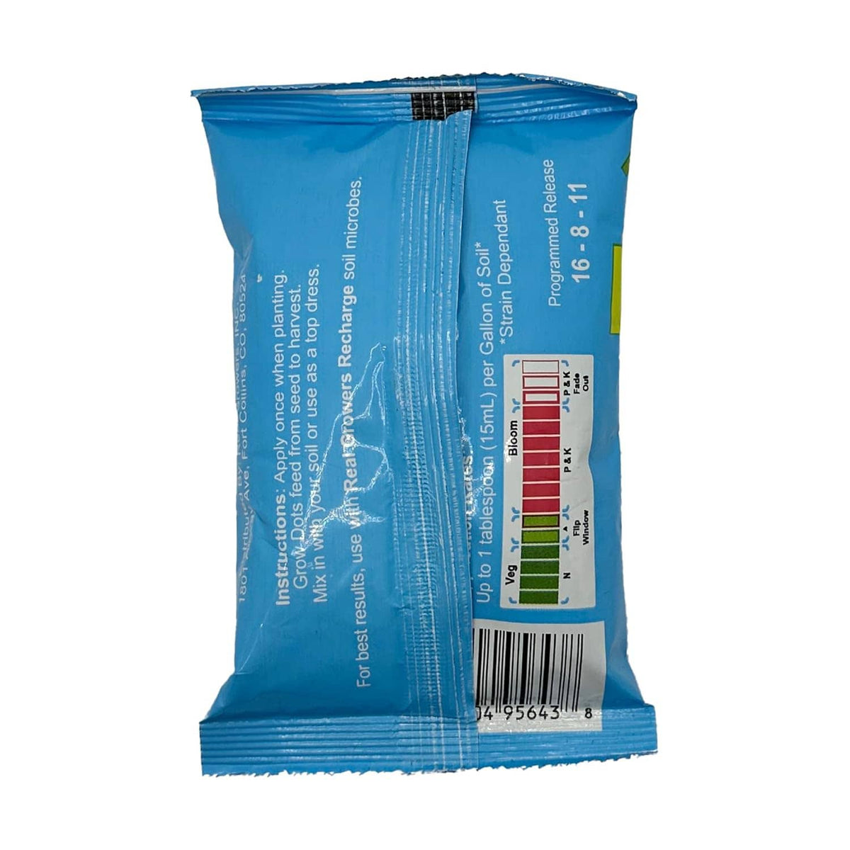 Grow Dots fertilizer packet back, blue bag with label panel, dosing info, and barcode