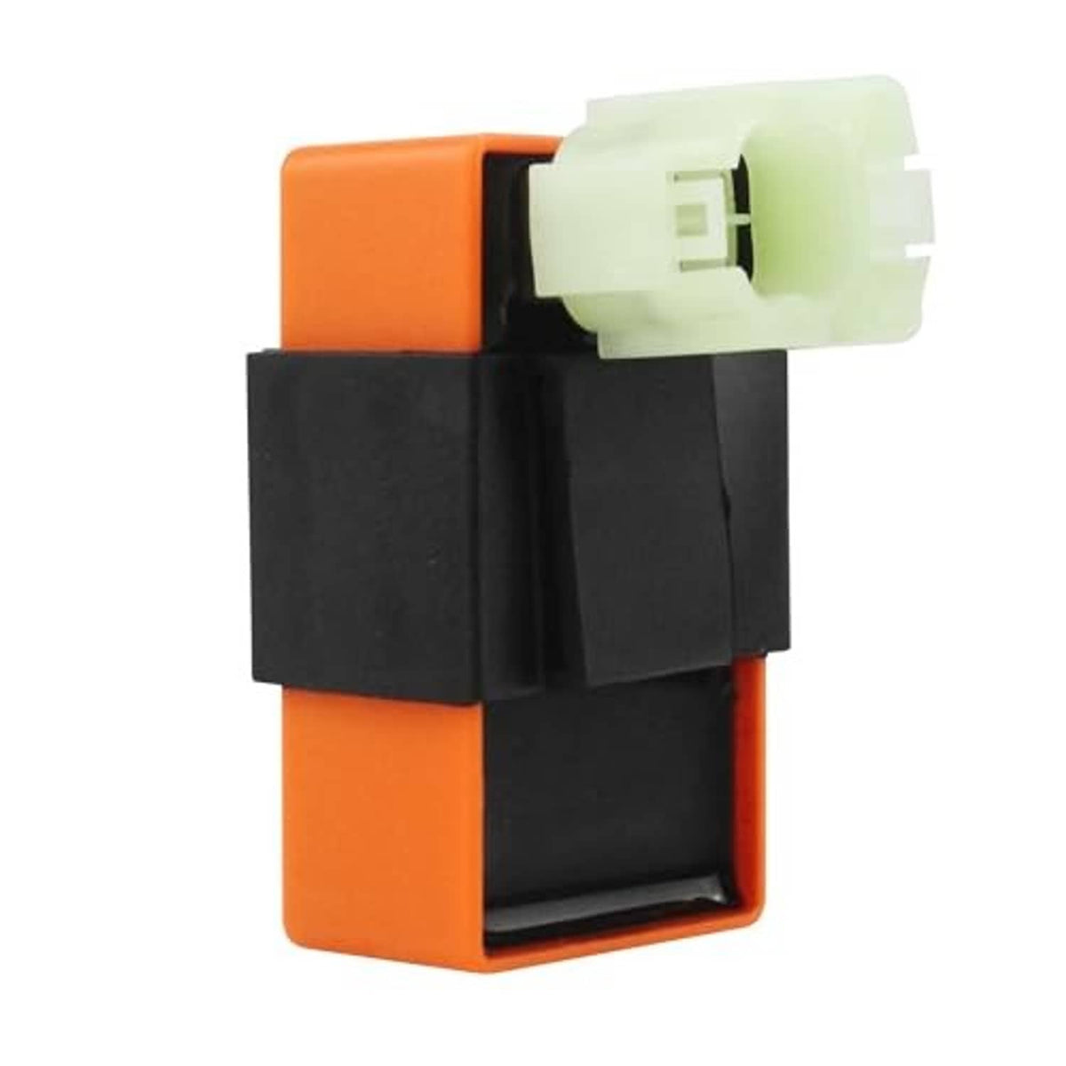 6-pin AC CDI ignition box replacement, angled close-up of orange casing and white connector