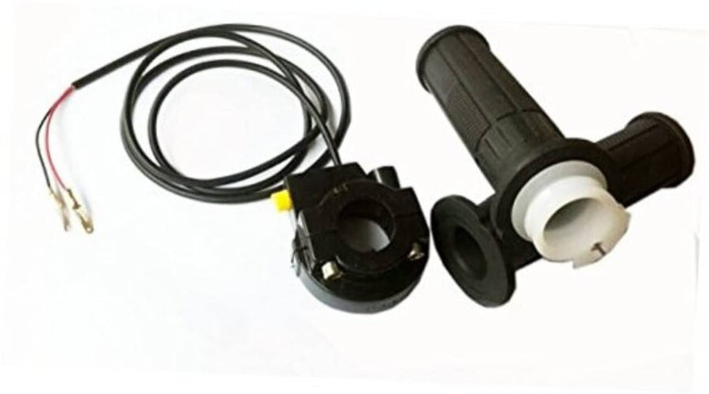 Bicycle throttle and kill switch assembly with black grip, cables, and switch housing