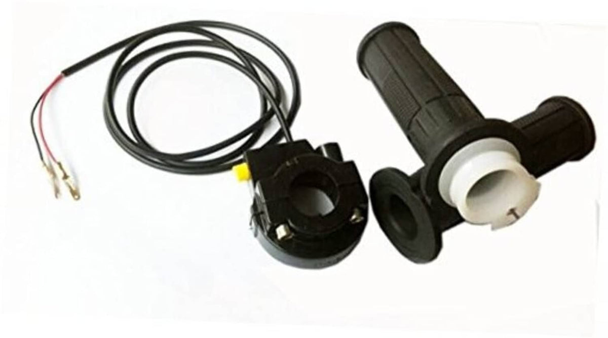 Bicycle throttle and kill switch assembly with black grip, cables, and switch housing