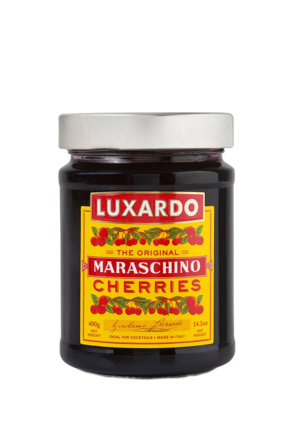 Maraschino cherries jar with Luxardo label and silver lid