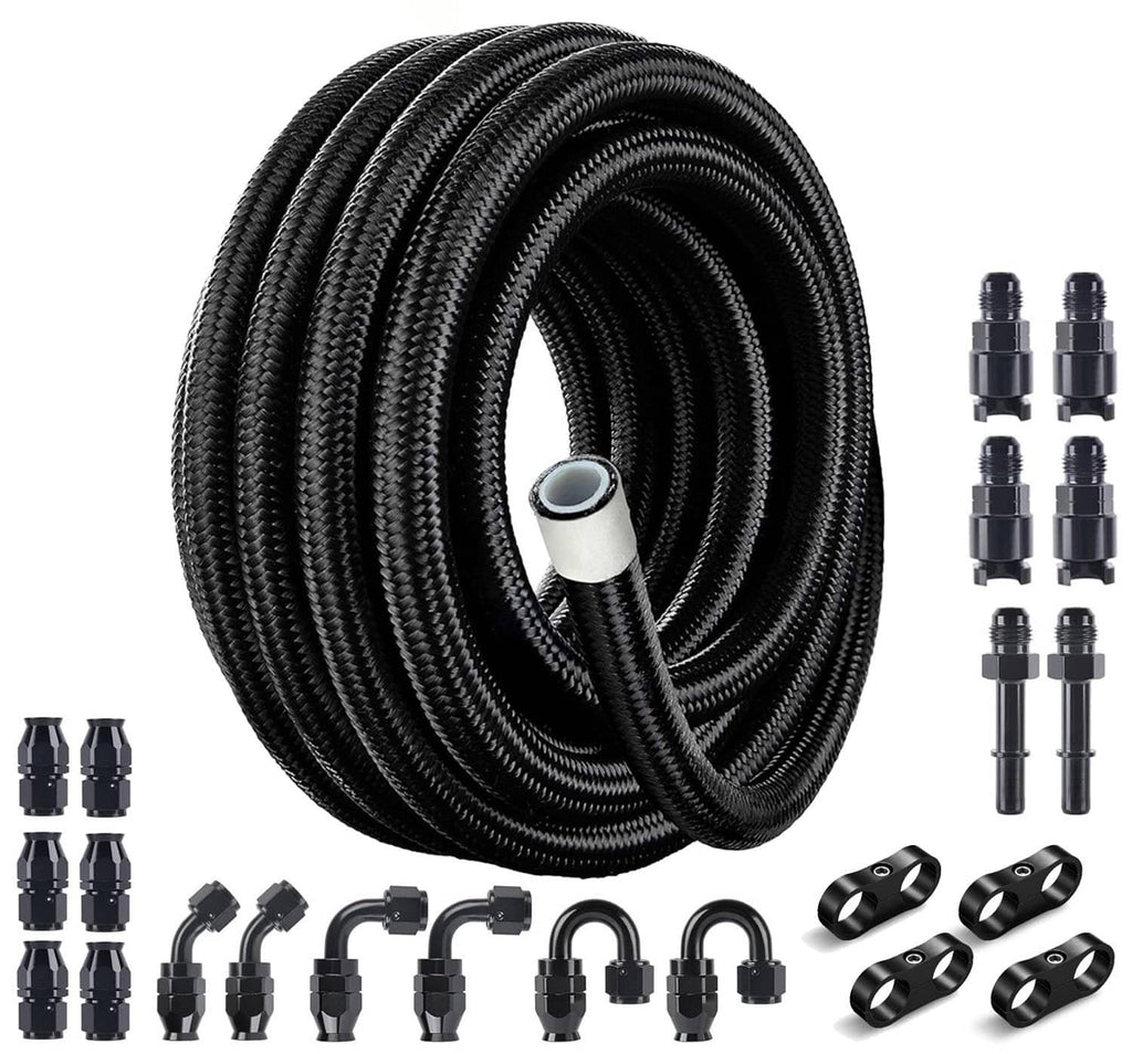 Black nylon braided PTFE fuel line kit, coiled hose with AN fittings