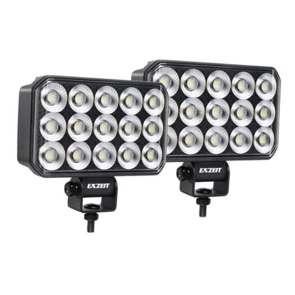 Pair of rectangular LED work lights with silver LED lenses and black mounting brackets