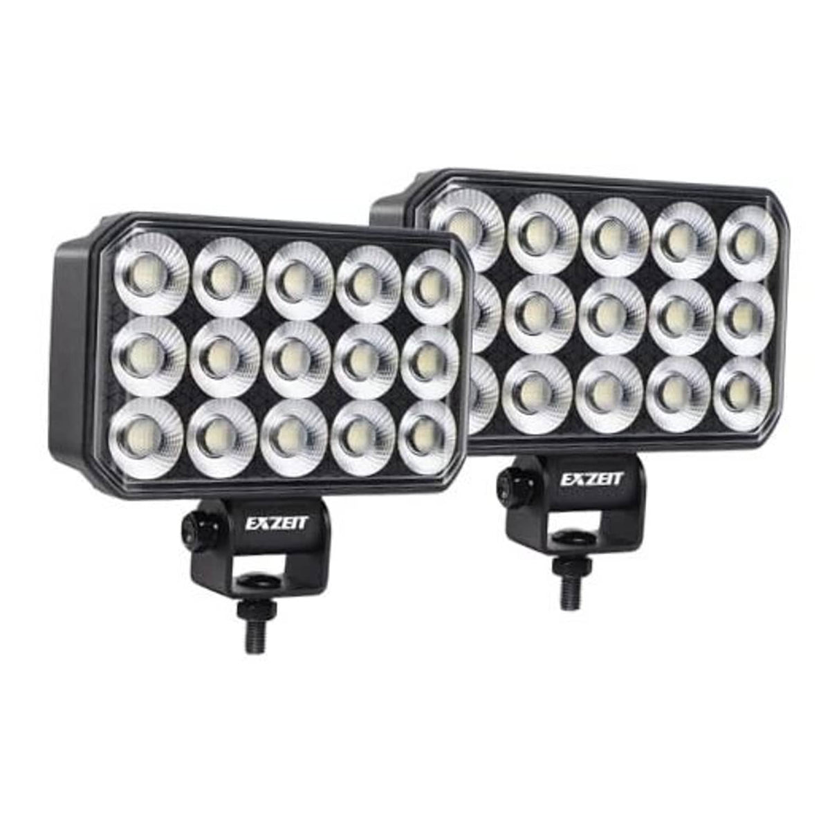 Pair of rectangular LED work lights with silver LED lenses and black mounting brackets