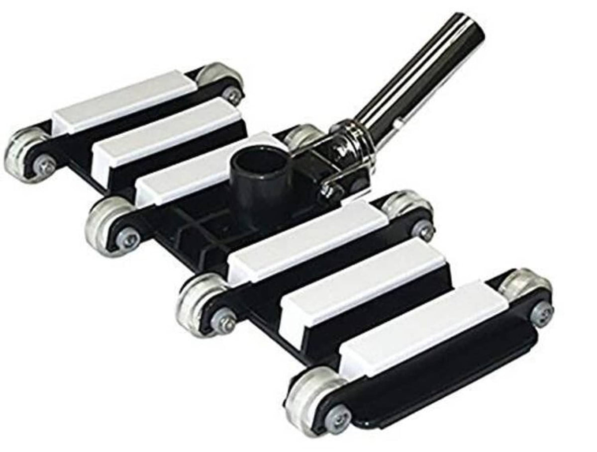 Vacuum head assembly with chrome frame, black squeegee, and roller wheels