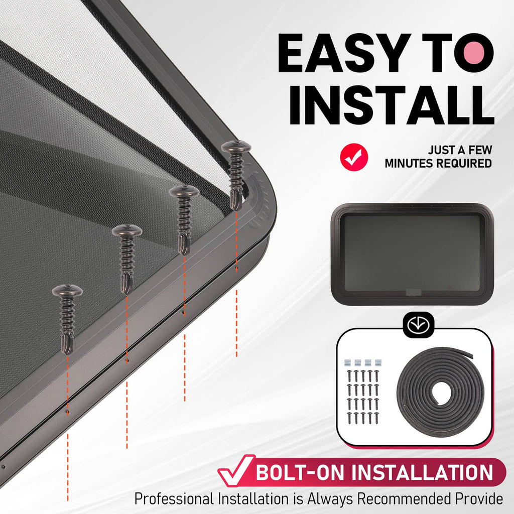 RV exit window with black frame and mounting hardware for bolt-on install