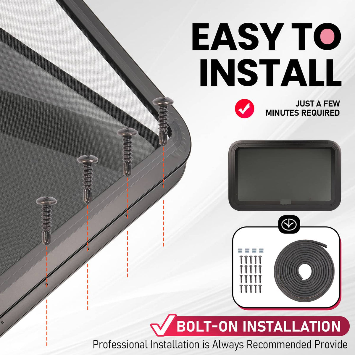 RV exit window with black frame and mounting hardware for bolt-on install