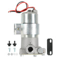 Electric fuel pump with silver metal housing and red/black power wires, mounting bracket