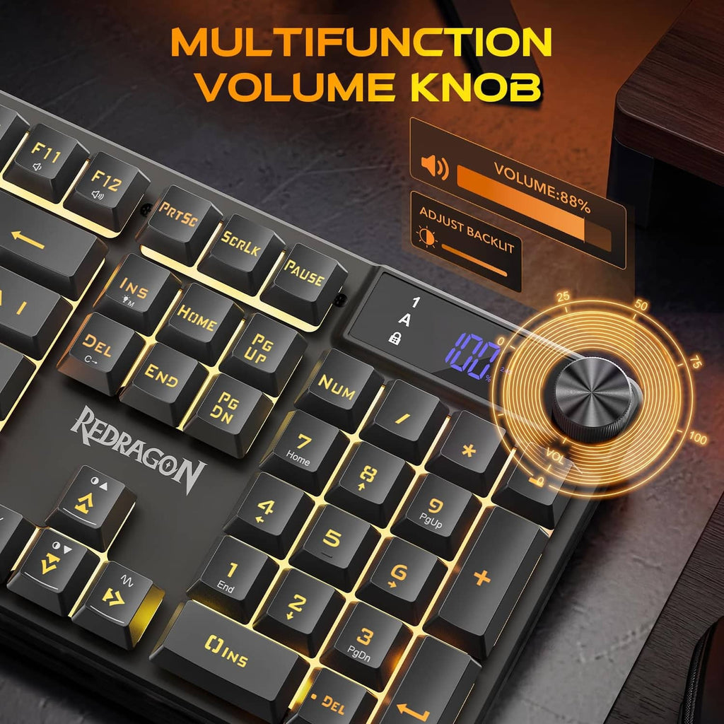 Redragon K521 Pro keyboard close-up with RGB keys and a right-side volume knob