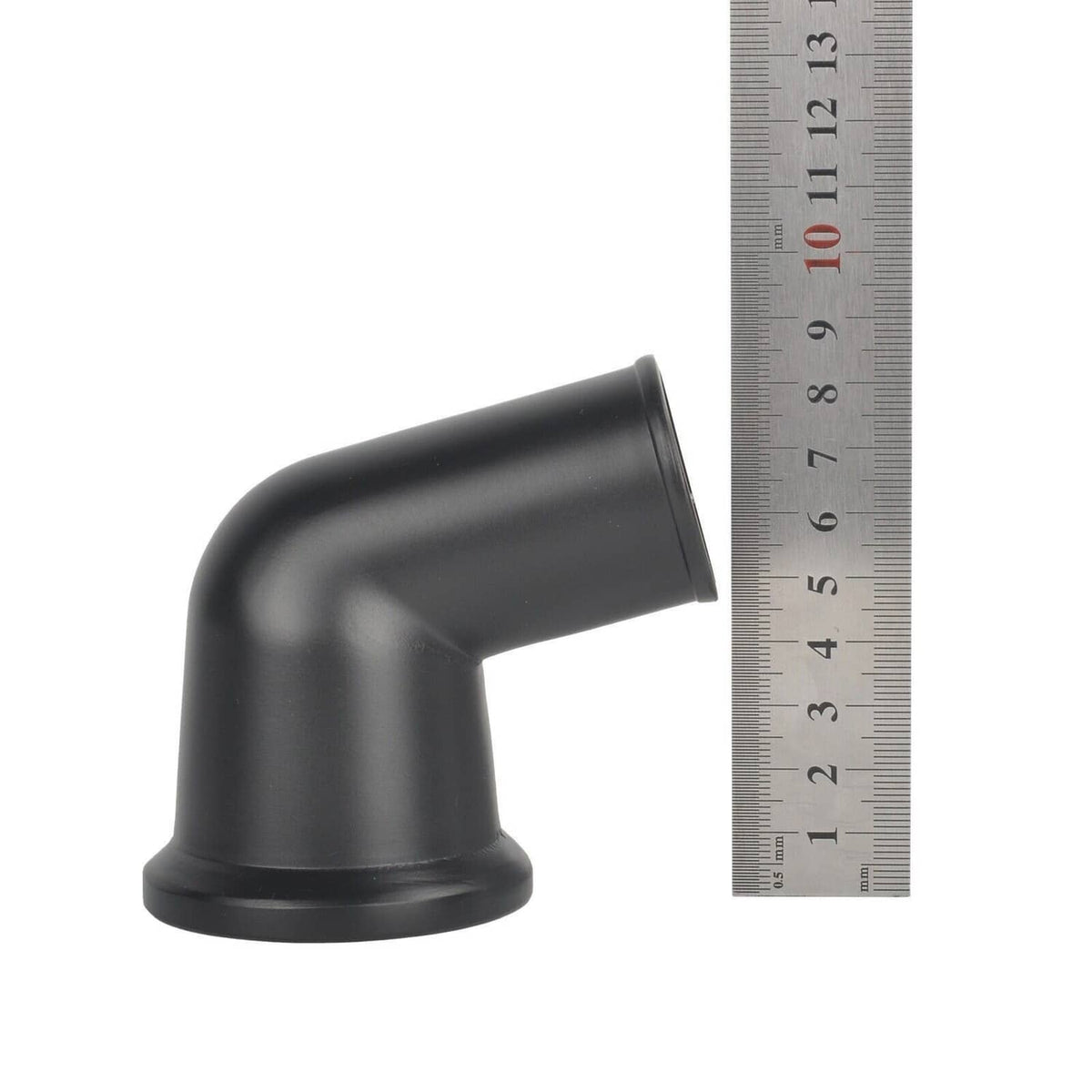 Black 15-degree swivel water neck housing shown with ruler for size reference