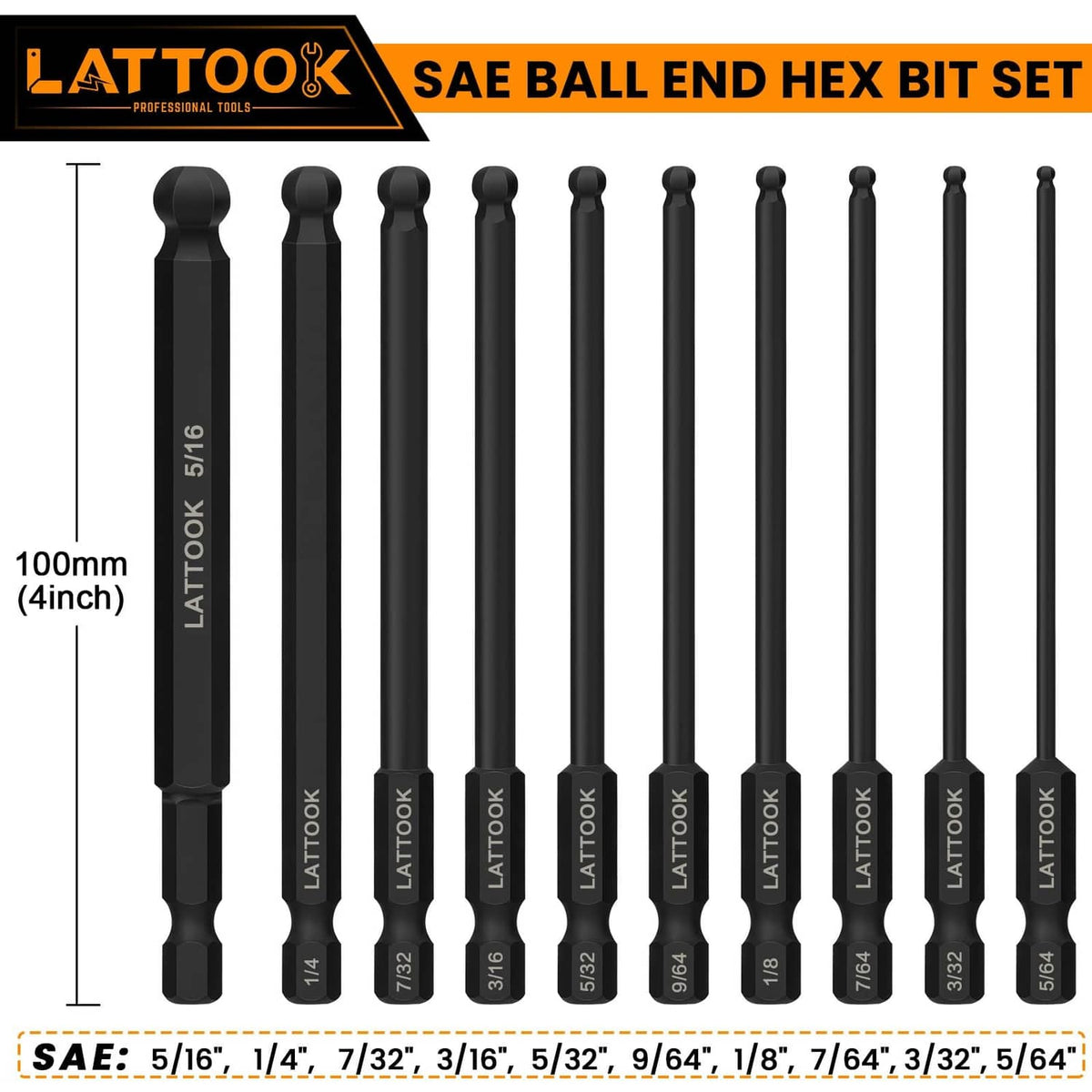 Row of LATTOOK black ball-end hex bits with 1/4in hex shank ends