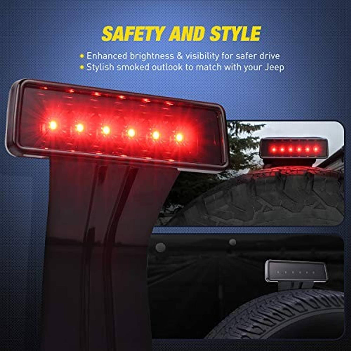 Smoked LED third brake light with red light bars and black vertical mounting base