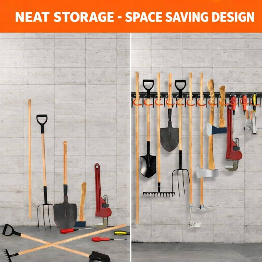 All-metal wall mount tool organizer with multiple hooks holding shovels, brooms, and handheld tools