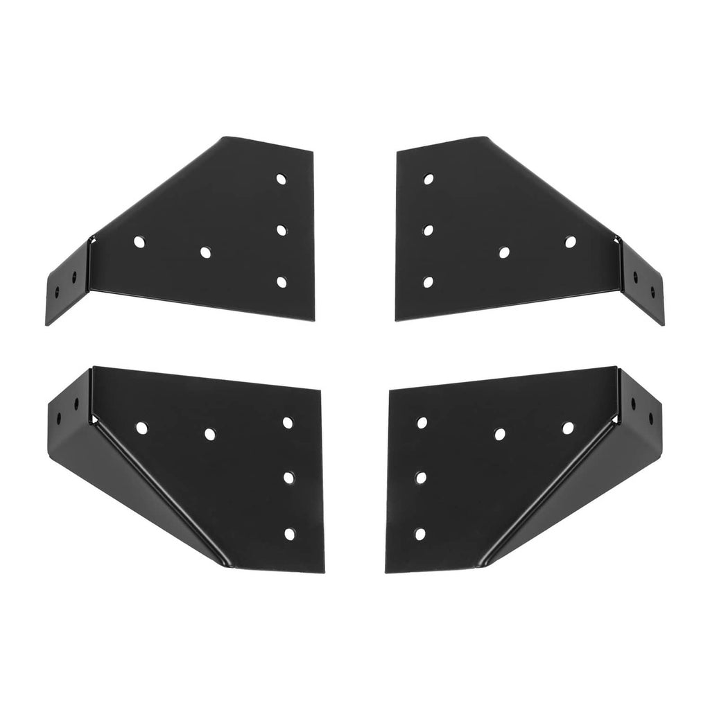Black metal side-mount roof rack brackets with folded corners and drilled holes