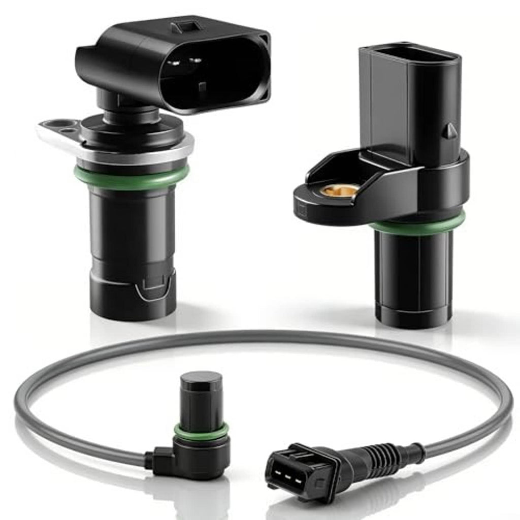 Black position sensors with green O-ring, mounting bases, and wiring harness connector set