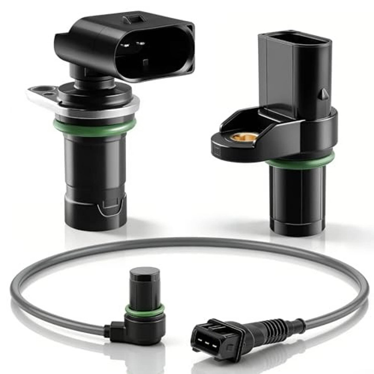 Black position sensors with green O-ring, mounting bases, and wiring harness connector set