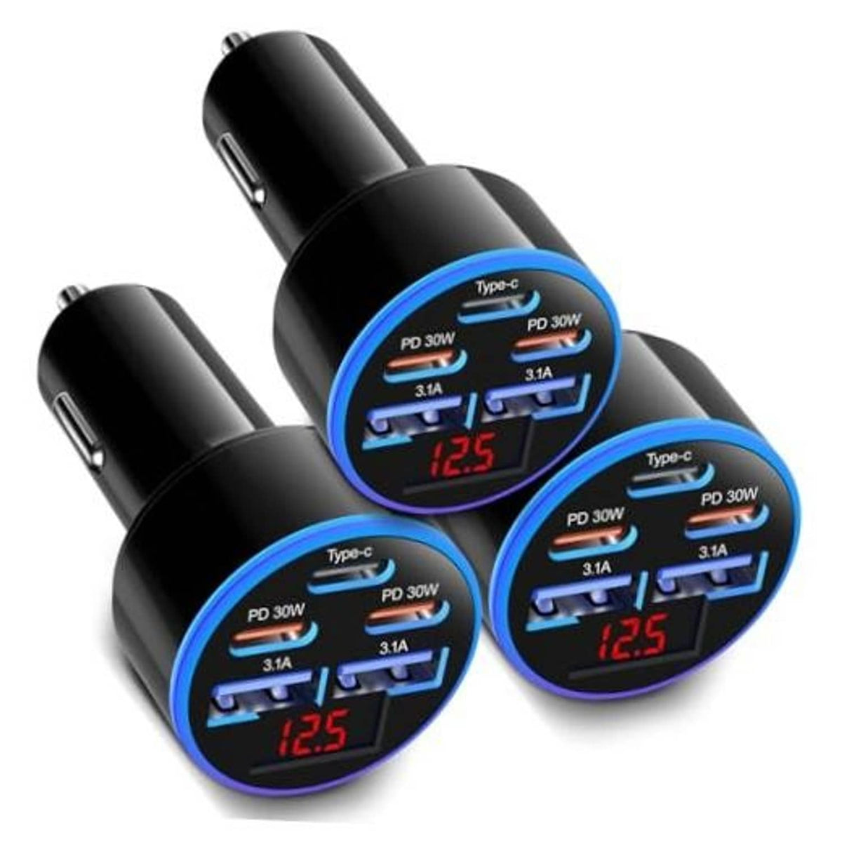 3-pack black 5-port USB-C car chargers with blue LED display and Type-C ports