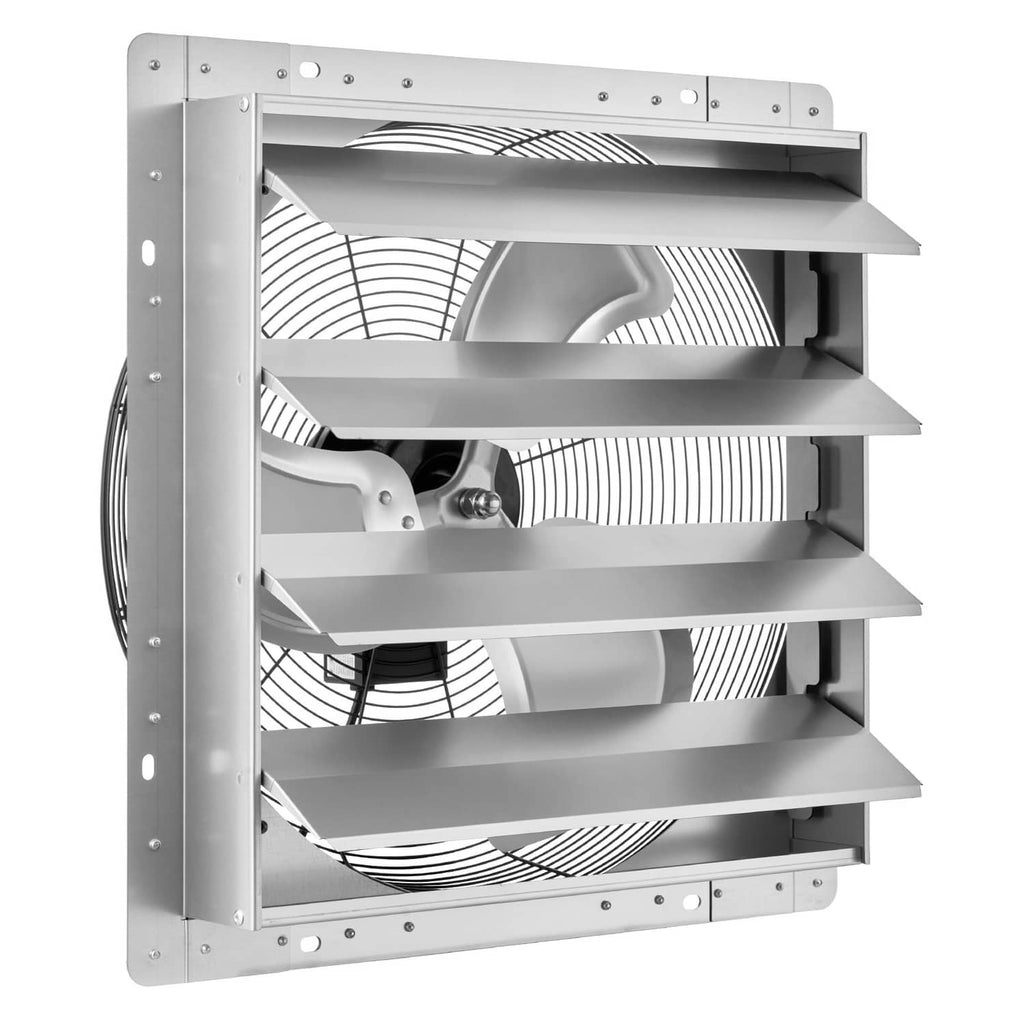 Steel shutter exhaust fan housing with louver vanes and internal fan blades