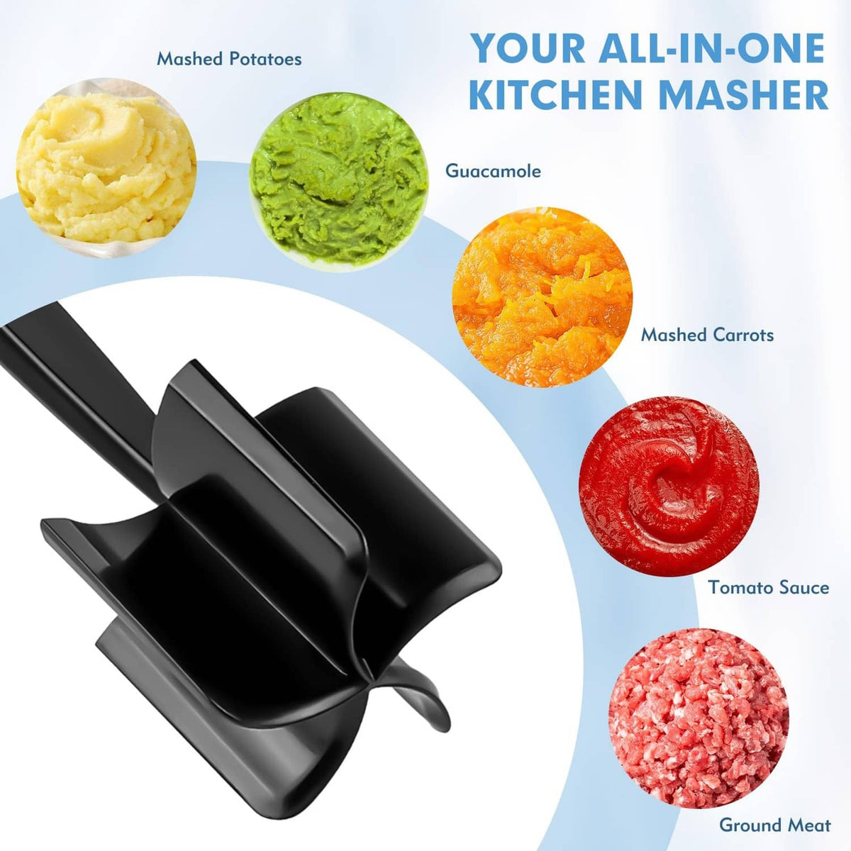 Black kitchen meat chopper tool with angled blades for mashing various foods